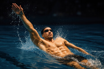 Male swimmer in backstroke action with arm extended and splash. Concept of aquatic sports performance, technique, endurance, competition, and dynamic swimming moment.