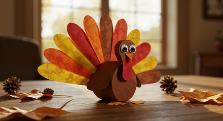A charming papercraft turkey with googly eyes serves as a kids' DIY project and an autumn centerpiece, perfect for family craft blogs and school activity guides.