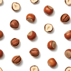 A seamless pattern of whole and halved hazelnuts scattered on a white background, showcasing their textured shells and edible kernels.