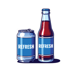 A cartoon illustration of a silver soda can and a glass bottle with red liquid, both featuring a blue "REFRESH" label, against a white background.