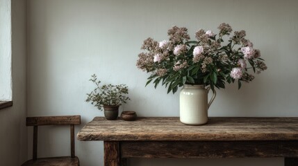 Rustic wooden table with vase of blooming pink flowers in vintage room