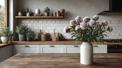Rustic kitchen with white cabinets and peony bouquet in ceramic vase on wooden counter