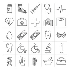 Collection of medical and healthcare icons, iwheelchairs, microscopes, thermometers, and more.