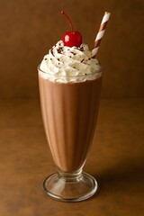 Decadent chocolate milkshake topped with whipped cream and cherry