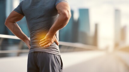 Young caucasian male runner with back pain in urban setting at sunrise