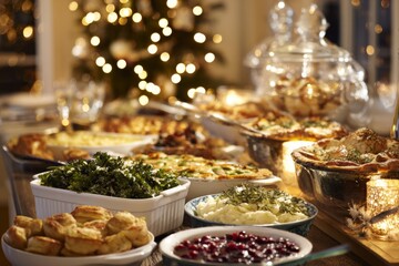Table is set with bowls and platters filled with food under the soft light of a decorated tree.
