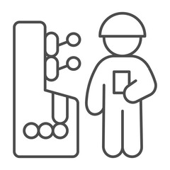 Man, worker at control panel with levers thin line icon, manufacturing concept, factory operator sign on white background, outline style icon for mobile and web design. Vector graphics.