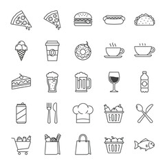 A collection of simple line art icons representing various food and drink items, including pizza, burgers, coffee, and desserts.