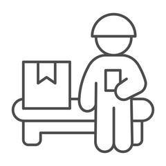 Man, worker at assembly line with box of goods thin line icon, manufacture job concept, engineer sign on white background, outline style icon for mobile and web design. Vector graphics.
