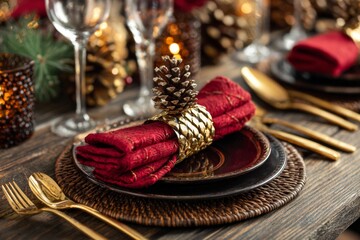 Festive table setting presents fine dining with red napkin and gold cutlery.