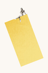 Trend artwork banner sketch 3D photo collage of poster cube figure object rectangle young lady sit up smile finger point show down