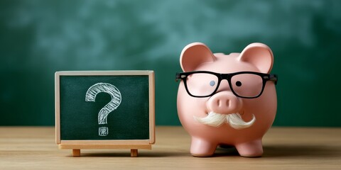 Pink piggy bank with glasses and mustache beside chalkboard with question mark