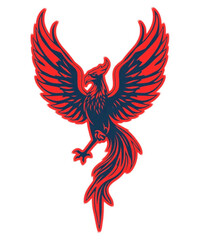 Phoenix Rising: A stylized graphic illustration of a majestic phoenix bird with outstretched wings in a captivating display of artistry and mythical symbolism. 