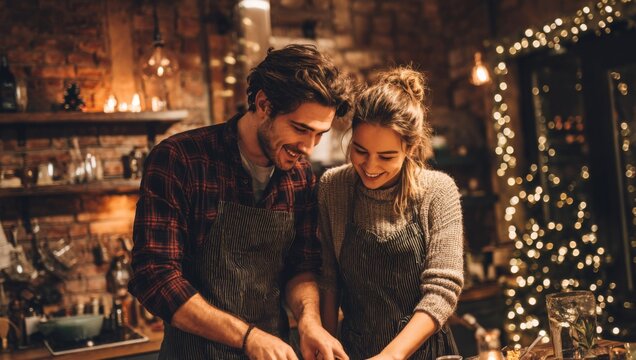 A smiling couple cooks together in an indoor kitchen space with warm lighting. - Powered by Adobe