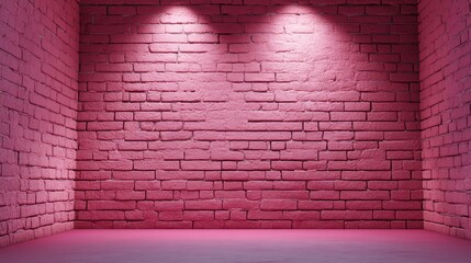Empty pink brick wall with overhead spotlights in minimalist interior