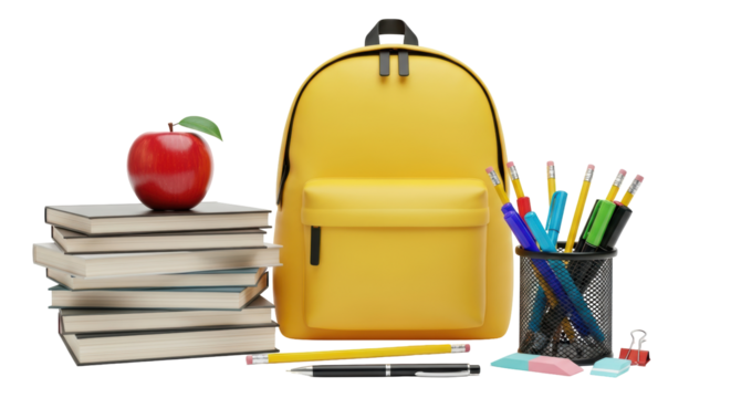 Isolated back to school still life with a yellow backpack, pencils, books, and an apple