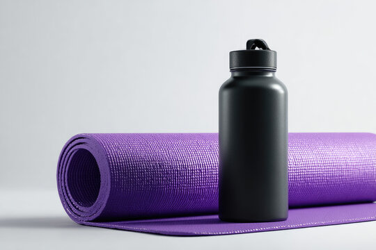 Rolled purple yoga mat and black water bottle on a light background