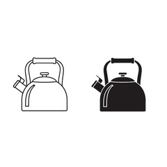 Black and white outline and solid icons of a stovetop kettle, a kitchen appliance for boiling water.