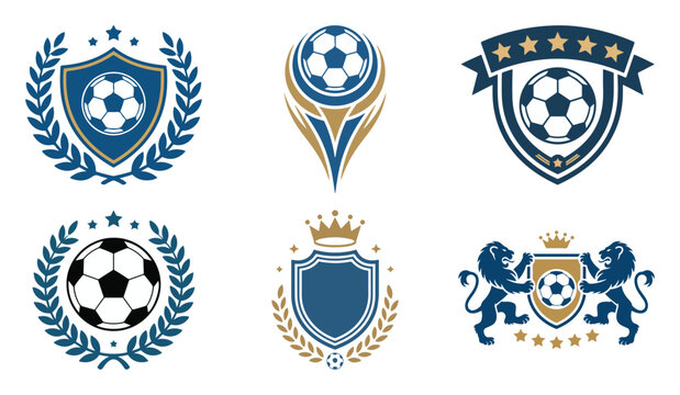 Soccer trophy and shield emblem set with laurel wreath, crown, star ribbon and lion crest for club identity design, vector