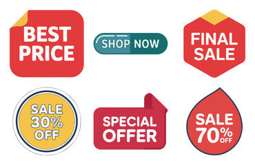 Best price and final sale badge pack with sticker, tag, hexagon, droplet and round label elements for retail promo, vector