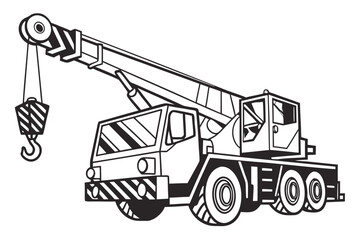 Black and white illustration of a mobile construction crane with a hook