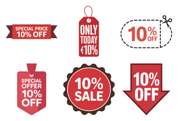 Ten percent sale and special offer badge set with ribbon, tag, dashed coupon, round seal and arrow icons for marketing, vector