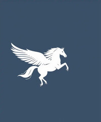 Pegasus Rising: A majestic white Pegasus, the legendary winged horse, soars gracefully against a deep blue backdrop. Capturing a mythic, ethereal quality, it's perfect for conveying dreams, freedom.