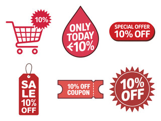 Ten percent discount label collection with cart icon, coupon ticket, tag, starburst and droplet shapes for retail store, vector
