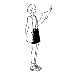 Casual woman raising hand in greeting, fashion line art illustration