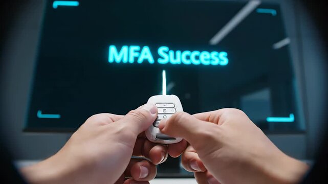 Office worker uses hardware security key to complete multi-factor authentication on computer, ensuring secure access to sensitive data and systems