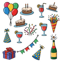 Collection of colorful birthday party items, including balloons, cakes, drinks, party hats, gift, streamers, and confetti.