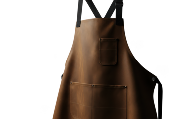 Rustic brown leather apron with straps isolated on transparent background