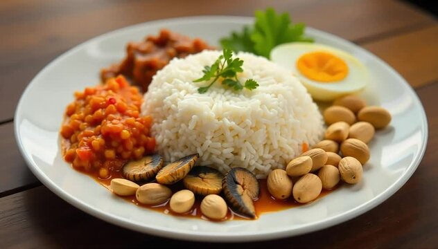 Malaysian nasi lemak plate with coconut rice, sambal, fried anchovies, boiled egg, and peanuts 