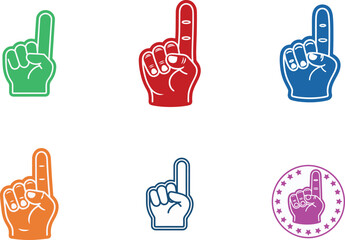Foam finger number one hand icon set in colorful outline style for sport fan sign, sticker and badge design, vector