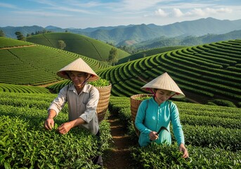Couple harvesting tea in lush green plantation with scenic mountain backdrop