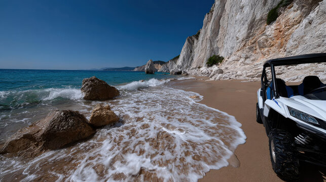 An off-road vehicle parked on a sandy beach, surrounded by rock formations and waters under a clear blue sky, emphasizing adventure amidst natural beauty. - Powered by Adobe
