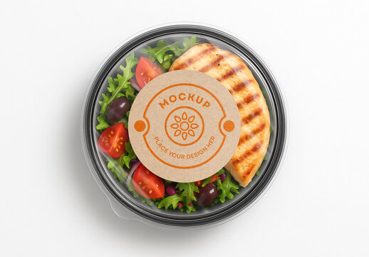 Grilled Chicken Salad Bowl Plastic Food Container Packaging Mockup with Vegetables and Tomatoes