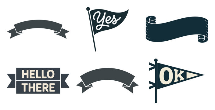 Retro ribbon banner and pennant flag set with hello there and yes text for headline, tag and label design, vector