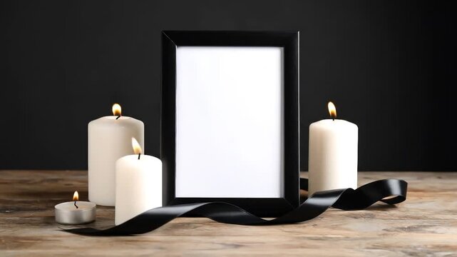 Memorial frame with candles and ribbon.