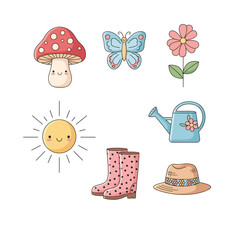a set of colorful stickers with flowers, boots, and a butterfly