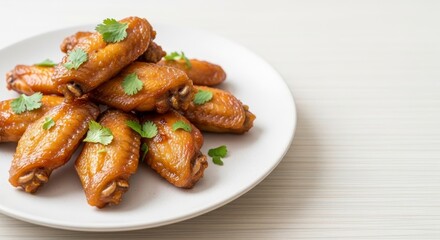 Delicious glazed chicken wings with fresh coriander on a white plate
