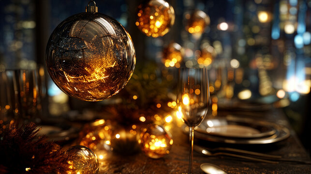 Luxury holiday dinner with golden Christmas ornaments and city view