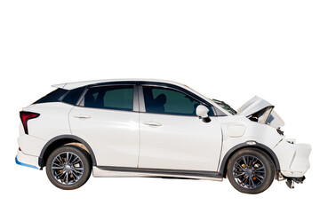 Full body front and side view of white car get damaged by accident on the road. damaged cars after collision. Isolated on transparent background, PNG File