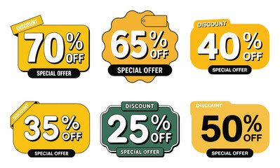 Special offer discount badge set with bold yellow label for 70 65 50 40 35 and 25 percent off promotion, vector