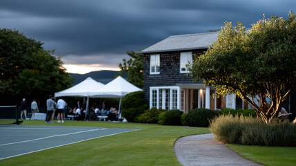 An inviting backyard tennis scene captures the essence of friendly competition and relaxation with family and friends in a picturesque outdoor setting.