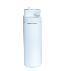 White thermal water bottle  with lid isolated on transparent background. Eco friendly stainless steel flask for hydration, fitness, travel, and daily lifestyle use with minimalist design. PNG File