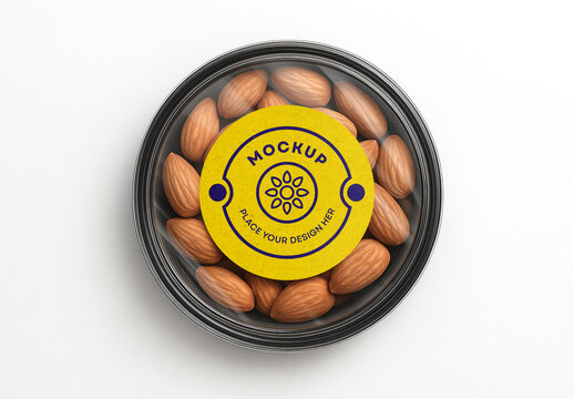 Almond Snack Round Plastic Food Container Packaging Mockup with Label