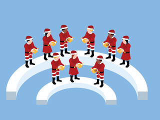 Group of Diverse People Dressed as Santa Claus Singing Christmas Carols, Holiday Celebration, Teamwork and Joy. 3d vector illustration