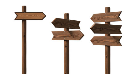 Isolated three directional wooden signpost pointing various directions for wayfinding