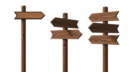 Isolated three directional wooden signpost pointing various directions for wayfinding
